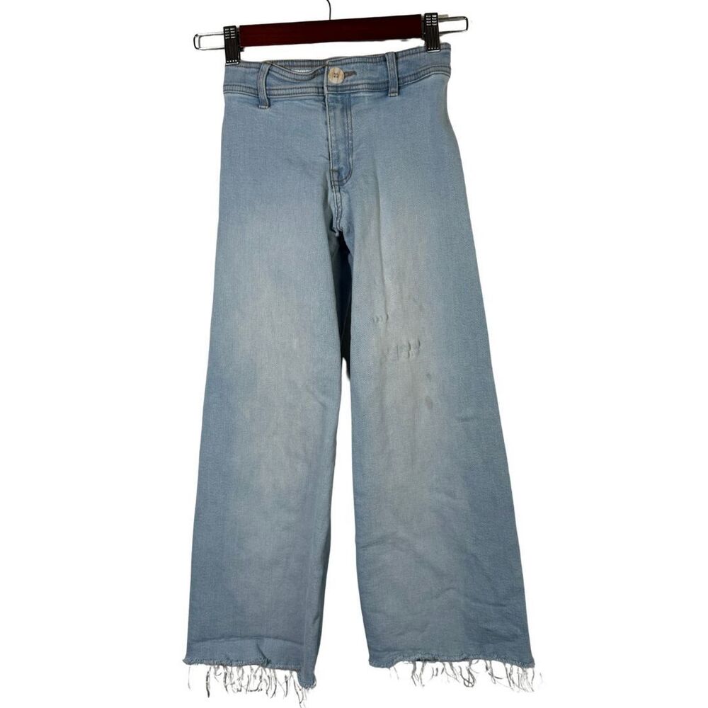 ZARA Girls Wide Leg Jeans Size 8 Light Wash Frayed Hem High Rise Denim Blue